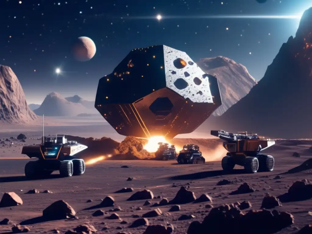 Futura minería espacial en asteroide Regulación en la minería de asteroides: Futurista operación minera espacial en un asteroide 8K, con astronautas y tecnología avanzada