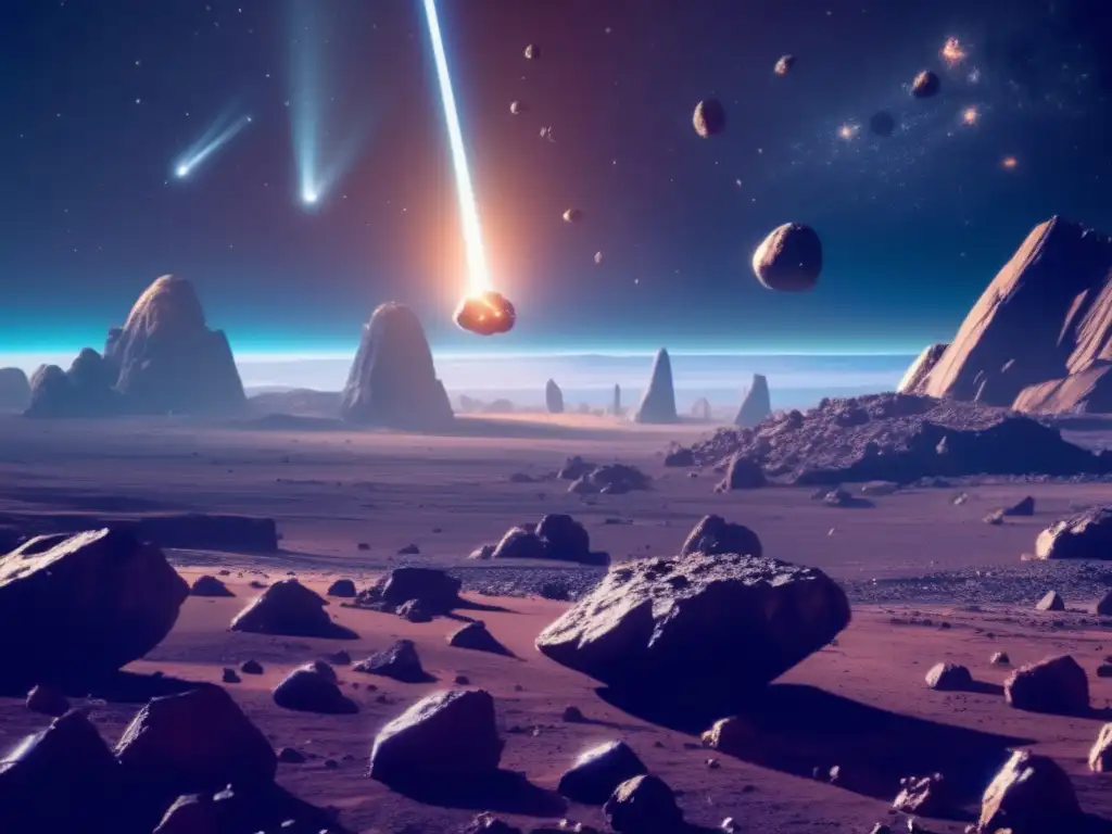 Asombroso campo de asteroides y minería espacial Minería de asteroides: hitos históricos - Vista impresionante de un campo de asteroides con una nave espacial futurista y avanzada tecnología minera