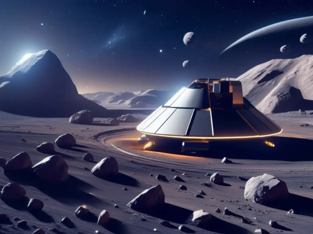 Minería futurista en asteroide Minería de asteroides: hitos históricos en un paisaje cósmico futurista con operación minera avanzada
