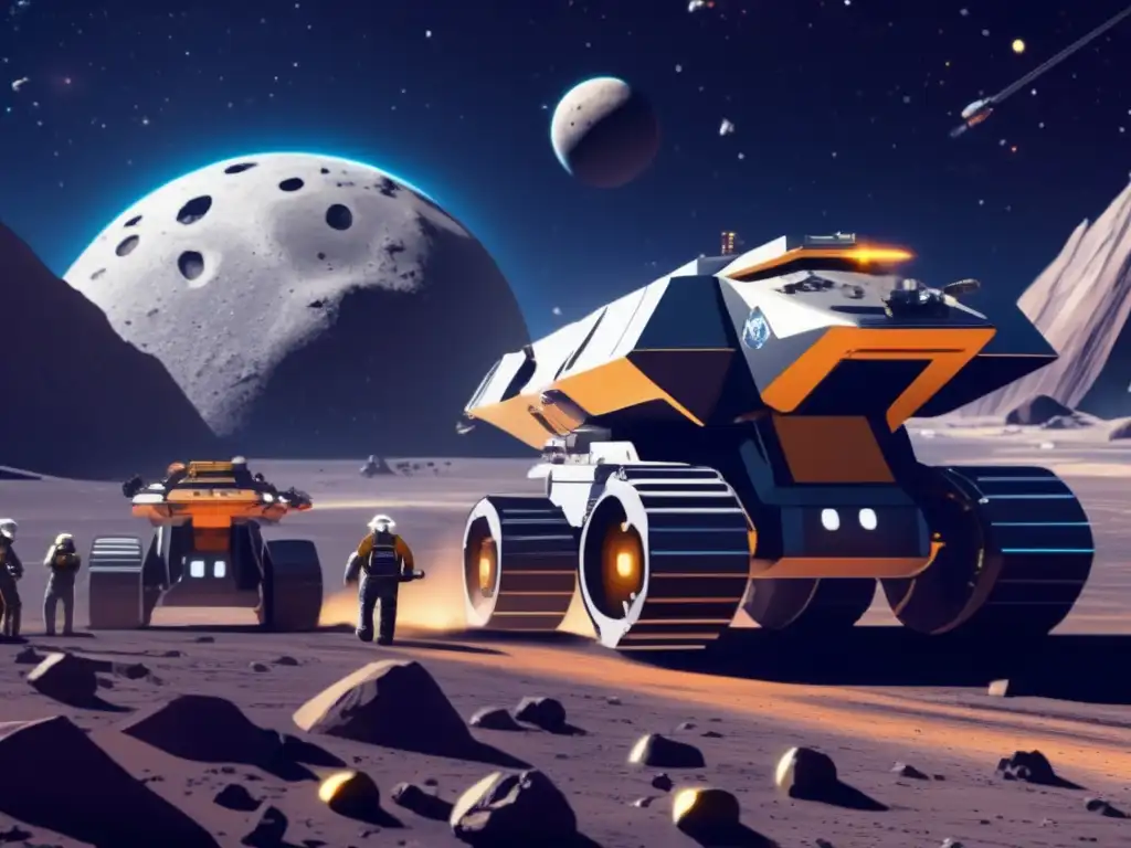 Futura operación minera en asteroide con alta tecnología Minería de asteroides y ley espacial: Operación futurista en un asteroide con equipos mineros, robots y tecnología avanzada