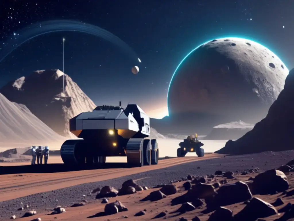 Minería espacial en asteroide: tecnología avanzada y asombro Minería de asteroides y ley espacial: Operación futurista en asteroide con maquinaria y tecnología avanzada