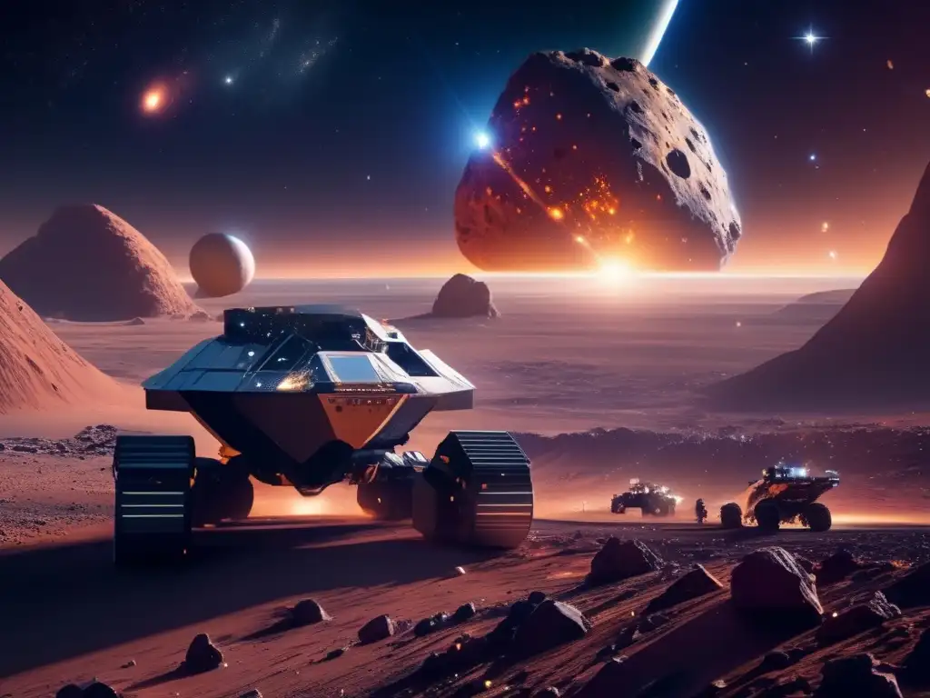 Exploración espacial y minería de asteroides Minería de asteroides y ley espacial: imagen impactante del espacio con asteroide, galaxias y operación minera futurista