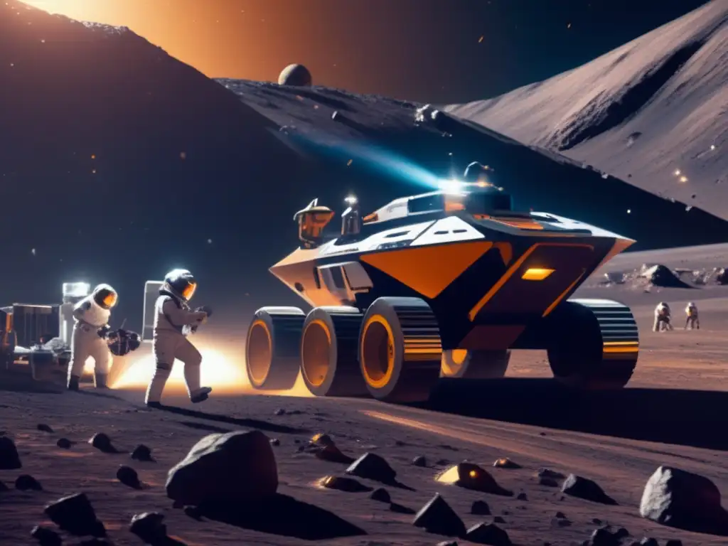 Mineria espacial futurista en asteroide Minería de asteroides y ley espacial: Futurista operación minera en un asteroide con tecnología de vanguardia y astronautas