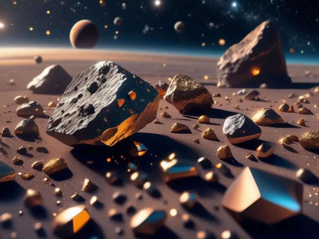 Espacio con asteroides metálicos y nave minera Minería de asteroides metálicos en el espacio: imagen 8k muestra expanse celeste con brillantes asteroides metálicos flotando