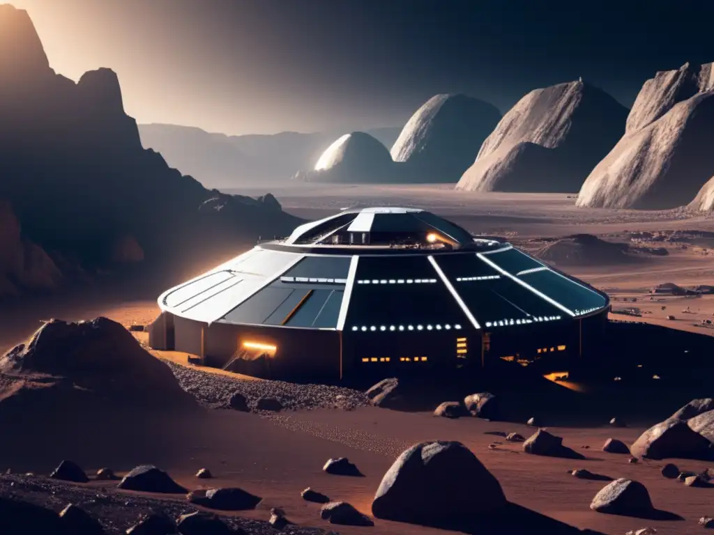 Minería espacial futurista en asteroide Minería de asteroides como recurso en instalación futurista de extracción y tecnología avanzada en asteroide