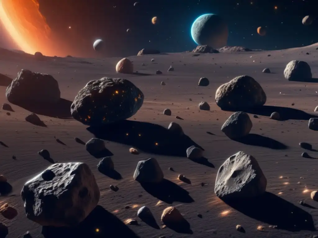 Asteroides flotantes en el espacio Mineria de asteroides como recurso: imagen impresionante en 8k muestra una vista cercana de una variedad diversa de asteroides flotando en el espacio