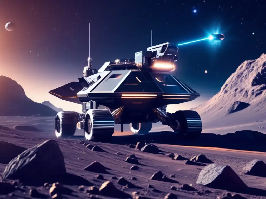 Minería espacial futurista en asteroide Mineria de asteroides como recurso: Operación minera futurista en asteroide con tecnología avanzada, recursos valiosos y vista al espacio