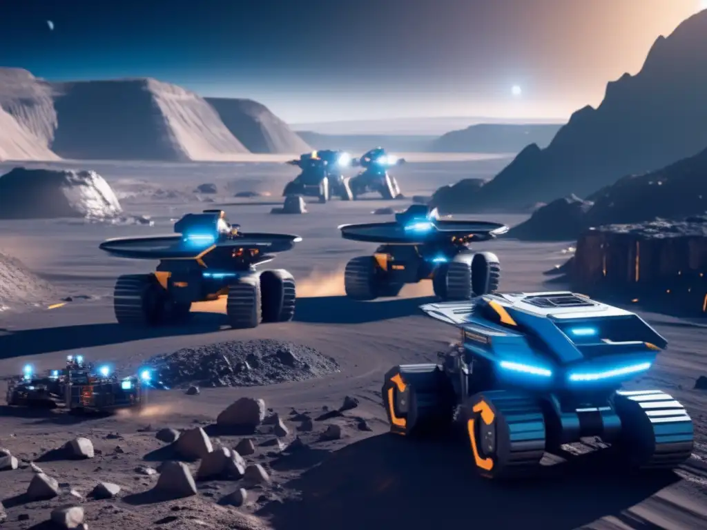 Minería de asteroides como recurso en una operación futurista de extracción de metales en un paisaje craterizado