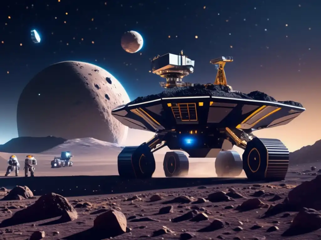 Mina futurista en asteroide Minería de asteroides rentable en un escenario futurista de extracción de recursos espaciales con tecnología avanzada y naves espaciales