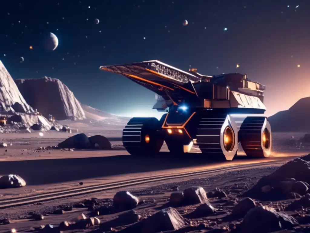 Minería de asteroides rentable en 8k: Futurista operación minera en un asteroide, con maquinaria avanzada y riqueza mineral