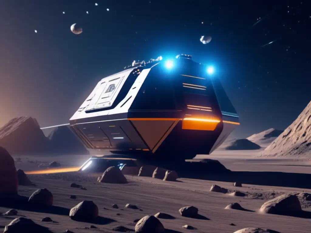 Minera espacial en asteroide Minería de asteroides rentable: Vessel minero futurista en operación sobre un asteroide, con drones robóticos y láseres mineros