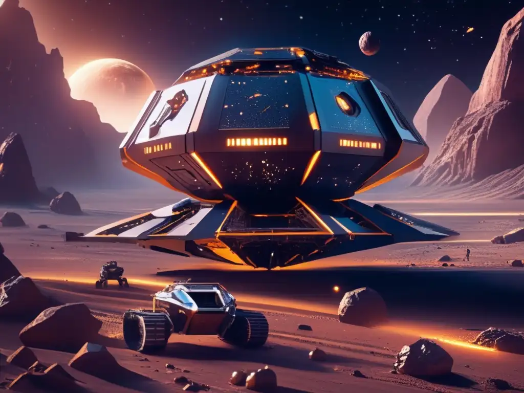 Minería de asteroides: Riesgos y recompensas en un escenario espacial futurista con drones y maquinaria avanzada