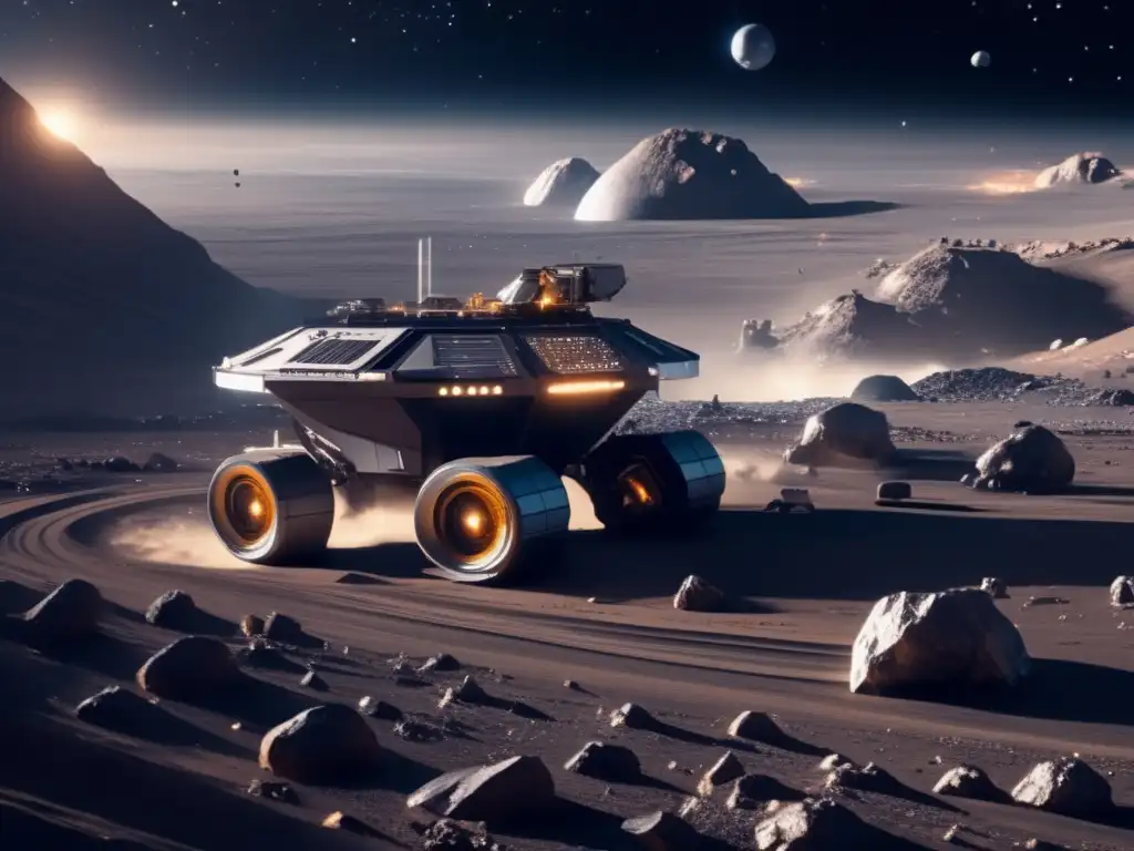 Futurista operación minera en asteroide Minería de asteroides: riquezas celestiales, operación futurista en un asteroide con robótica avanzada y paisaje espacial