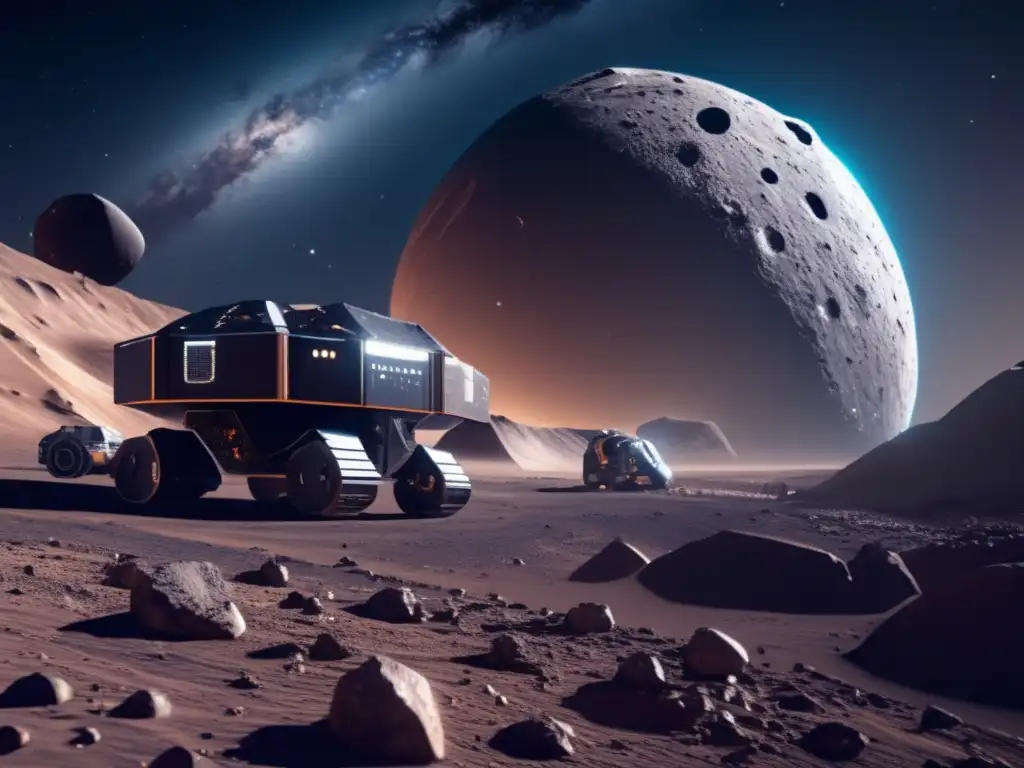 Ultramineria espacial: Futurista operación de extracción en asteroide Minería de asteroides: riquezas celestiales en el espacio infinito, con maquinaria avanzada y astronautas operando