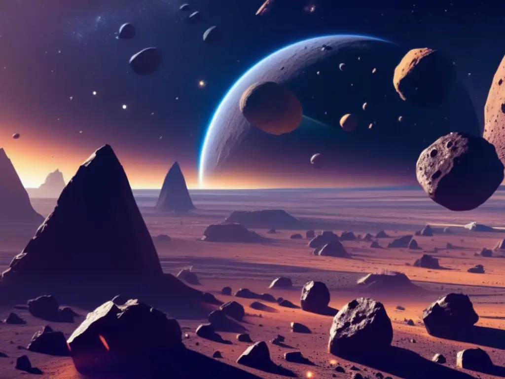 Asteroide minero en el espacio Minería de asteroides: riquezas celestiales en un cinturón rocoso espacial con asteroide minero futurista y tecnología avanzada