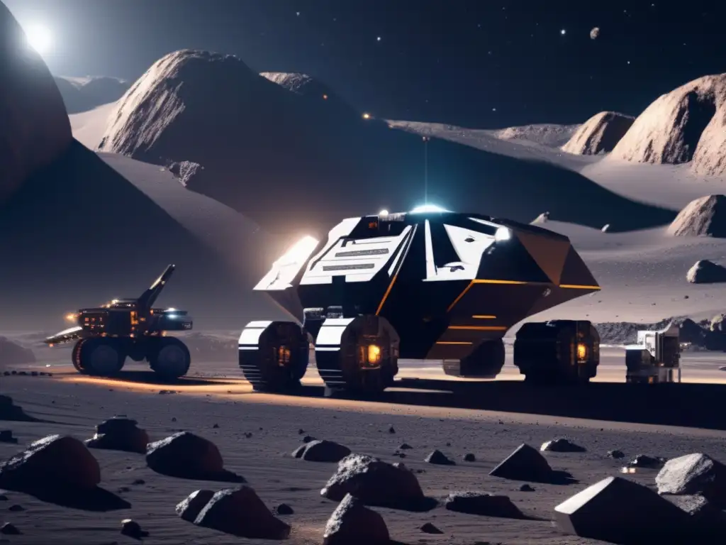 Operación de minería espacial en asteroide avanzada Minería asteroides: tecnología avanzada, conflictos leyes internacionales, extracción recursos valiosos con equipo robótico y personal científico