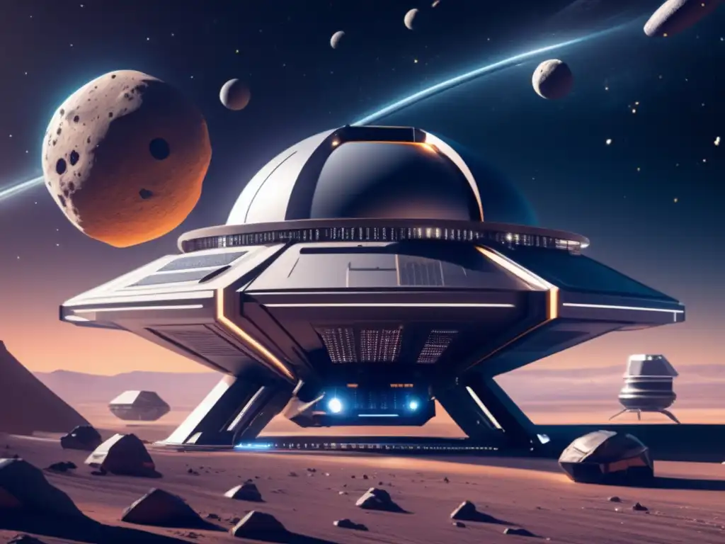 Instalación minera futurista en el espacio Minería de asteroides: Transporte y procesamiento de materiales espaciales en una instalación futurista de diseño moderno rodeada de estrellas