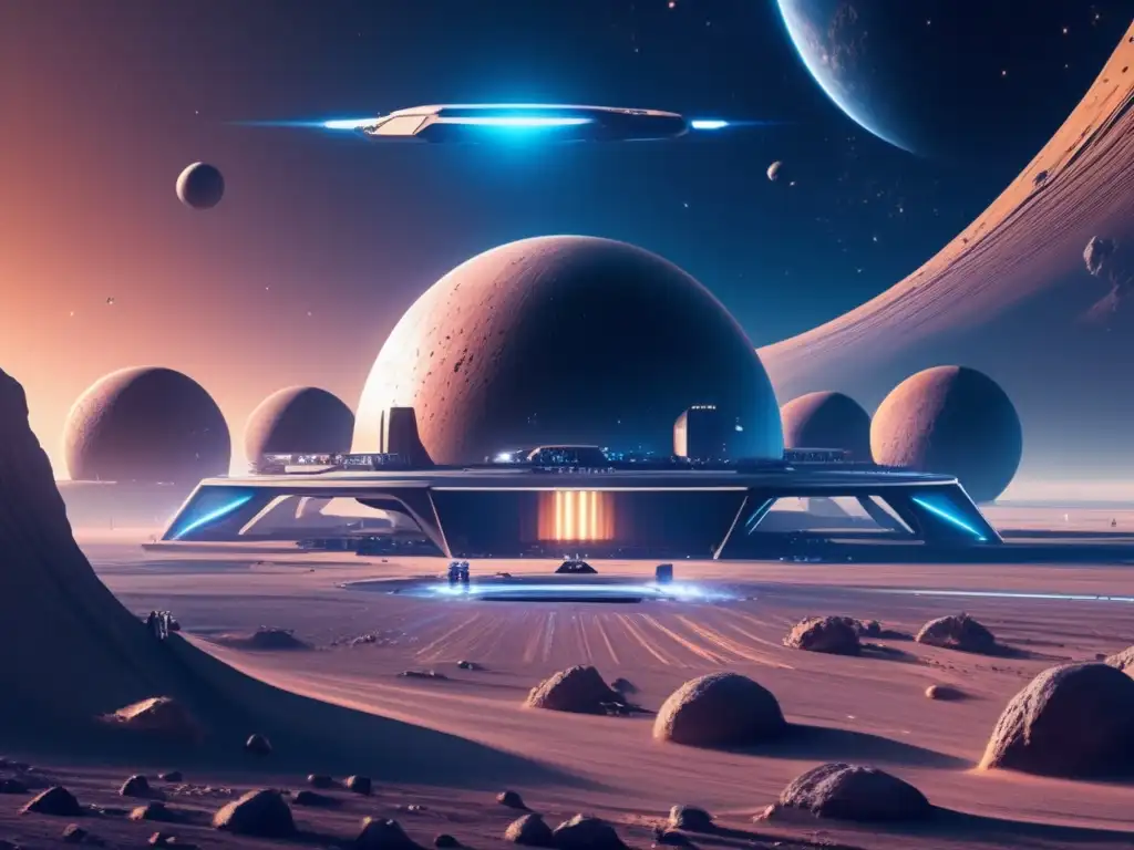 Minería de asteroides en el universo: puerto espacial futurista en asteroide colosal con actividades mineras y de exploración interplanetaria