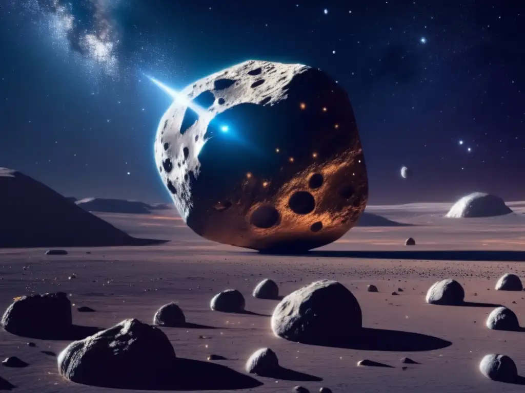 Espacio profundo: asteroide minado por nave futurista Minería de asteroides: vehículos autónomos espaciales capturando recursos en el cosmos