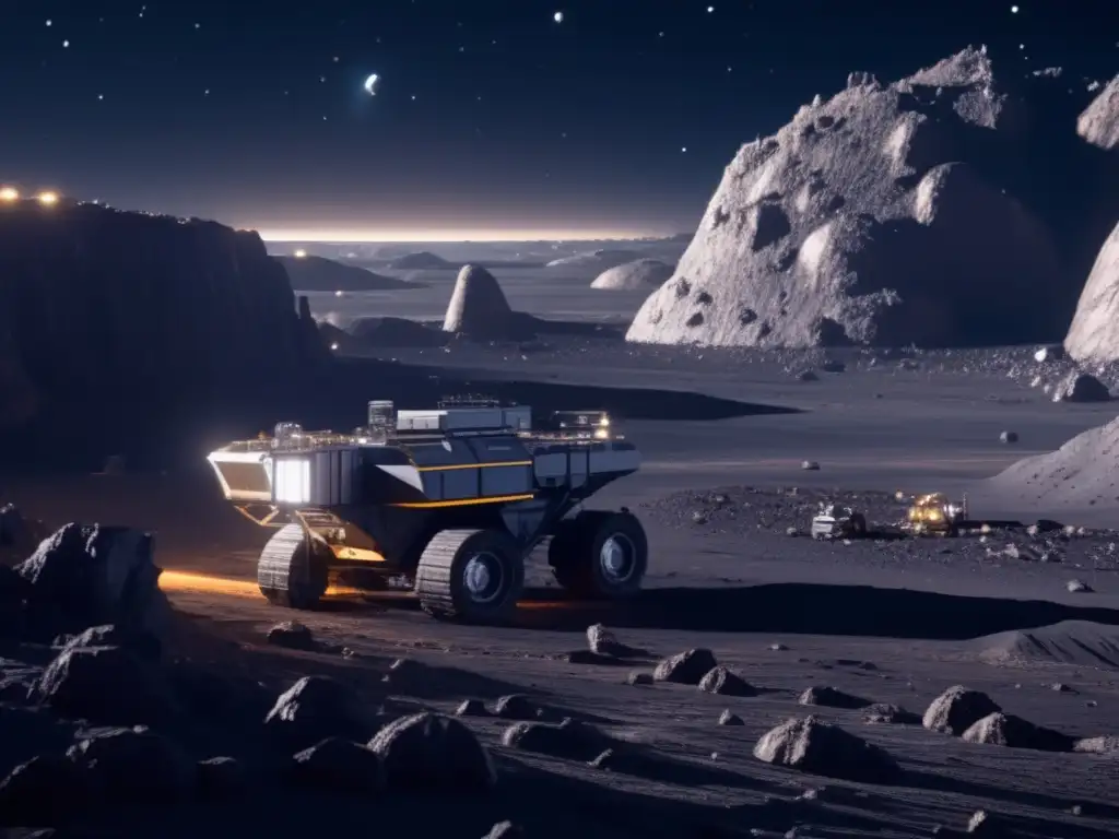 Operación minera espacial en asteroide Ryugu Minería espacial: Asteroide Ryugu extractos y paisaje impresionante de la operación futurista en el espacio