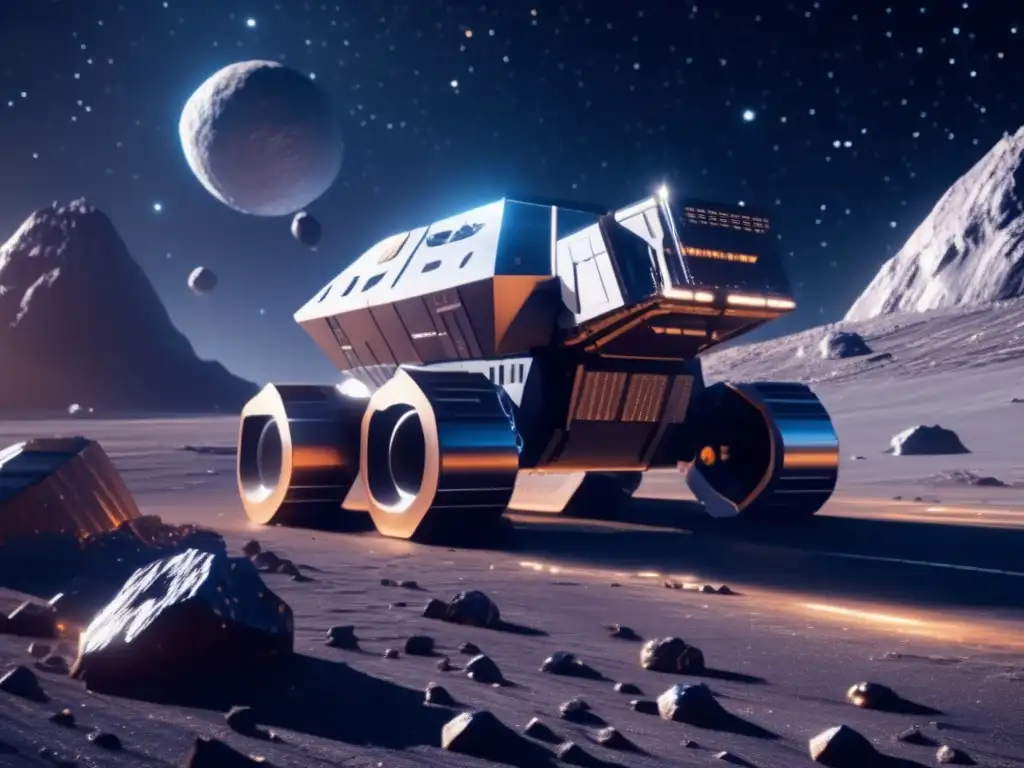 Minera espacial futurista Minería espacial en asteroide metálico: operación futurista de extracción de recursos en un escenario cósmico