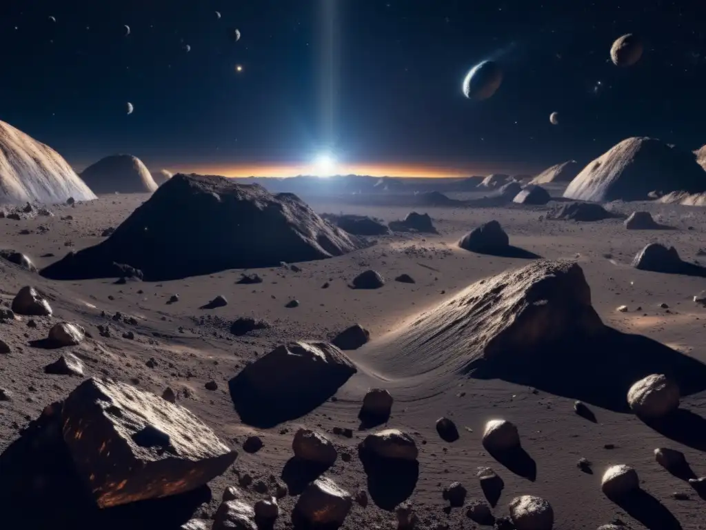 Espectáculo celeste: Asteroides metálicos en el espacio Minería espacial: asteroide metálico en 8k, impresionante vista panorámica en la oscuridad del espacio, valiosos minerales en asteroides brillantes