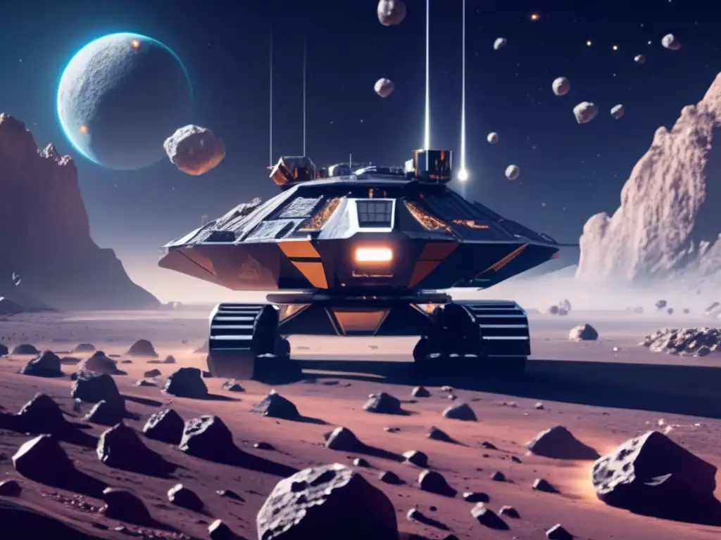 Ilustración 8k de minería espacial en asteroide: Recursos cósmicos y economía global