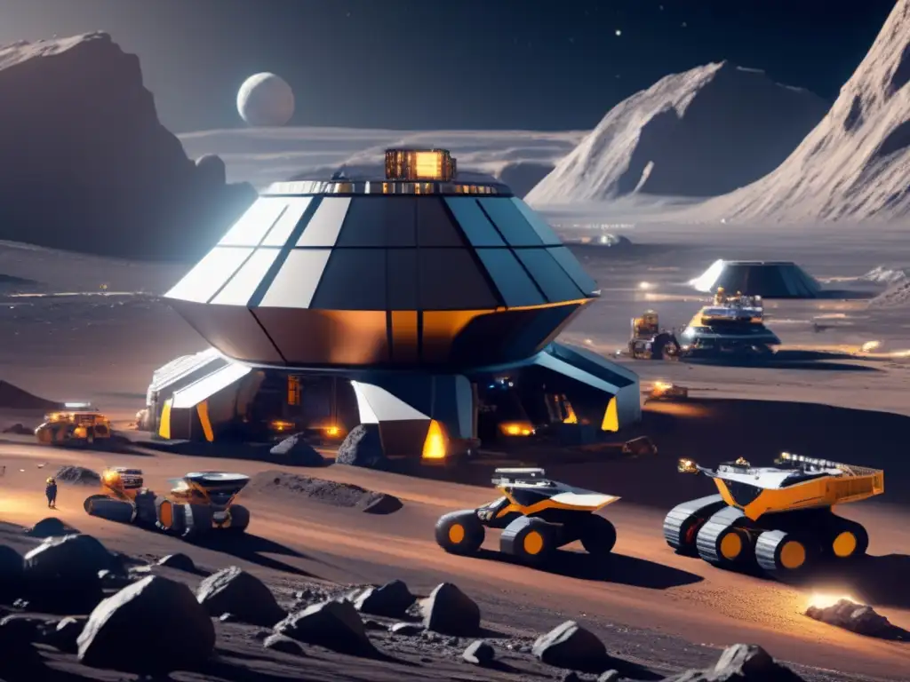 Futura mina espacial en asteroide con tecnología avanzada Minería espacial en asteroide troyano: Futurista operación minera con tecnología avanzada, extracción de recursos y medidas preventivas