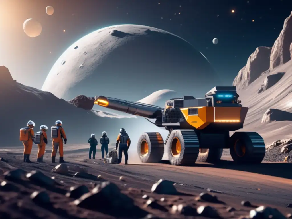 Futuro minero espacial: Astronautas en asteroides Minería espacial en asteroides: equipo futurista, recursos valiosos y avances tecnológicos en una imagen 8k