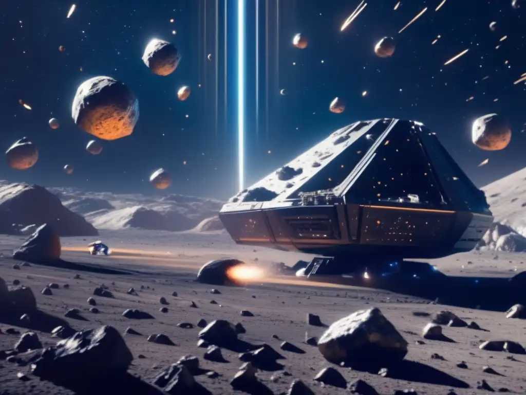 Campo de asteroides metálicos en el espacio Minería espacial de asteroides metálicos en un campo vasto y detallado de 8k en el espacio, con una nave minera futurista y tecnología de punta