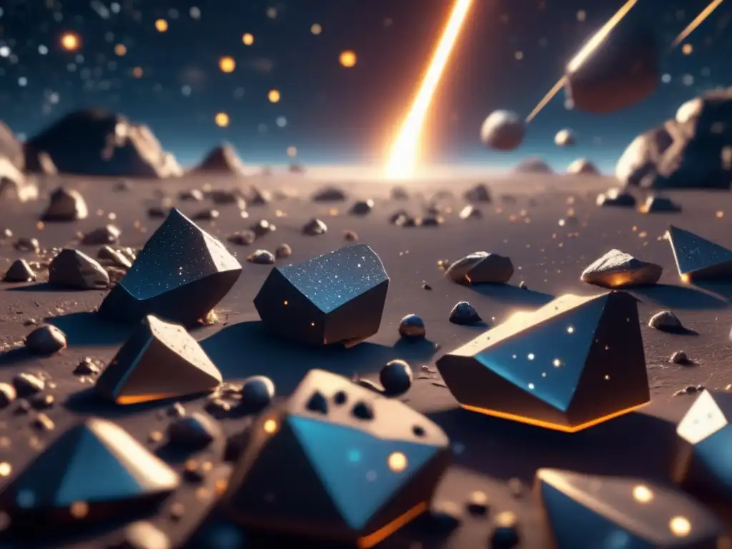Impresionante campo de asteroides metálicos en el espacio Minería espacial de asteroides metálicos - Imagen impresionante de un vasto campo de asteroides en el espacio, iluminados por estrellas distantes