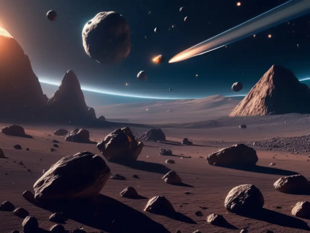 Asteroide flotando en el espacio con nave minera futurista Minería espacial: asteroides y riquezas ocultas