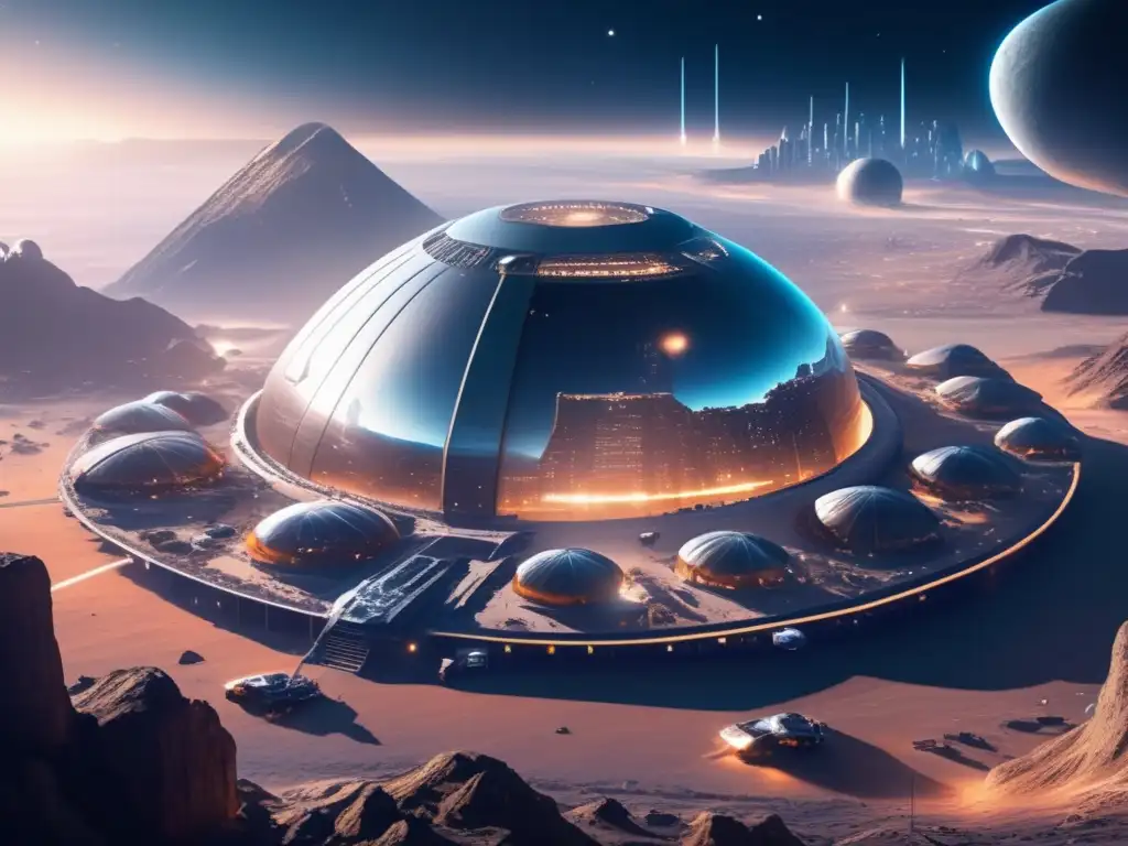 Futurista colonia minera en asteroide Minería espacial asteroides riquezas ocultas: colonia minera futurista en asteroide con avanzada tecnología y deslumbrantes minerales