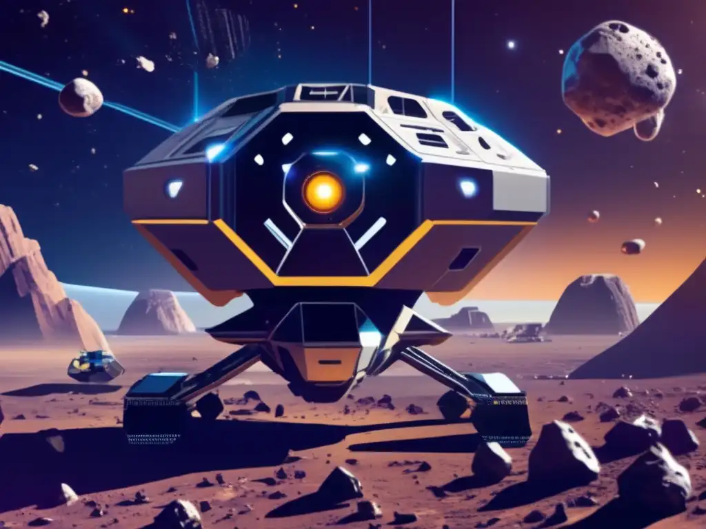 Minería de asteroides en el espacio Minería espacial asteroides troyanos: Operación minera futurista en el espacio, con asteroides, nave espacial y tecnología avanzada