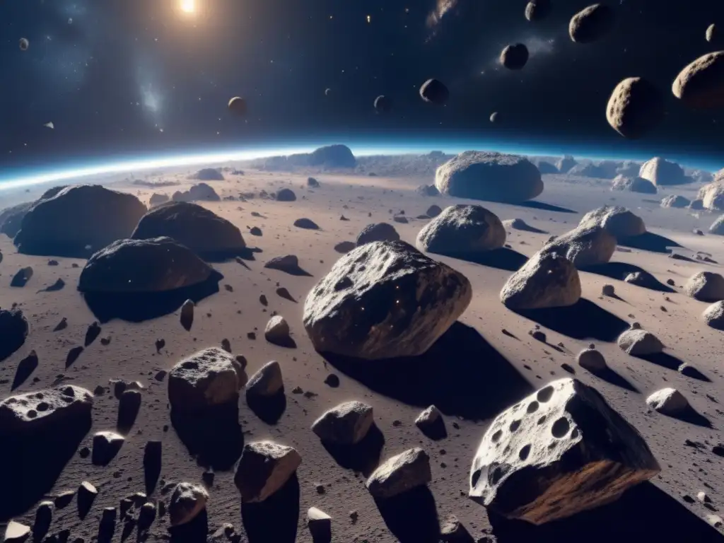 Campo de asteroides: inmenso y detallado Minería espacial asteroides troyanos: inmenso campo de asteroides en 8K, variadas formas y colores, espacio ilimitado y estrellas brillantes