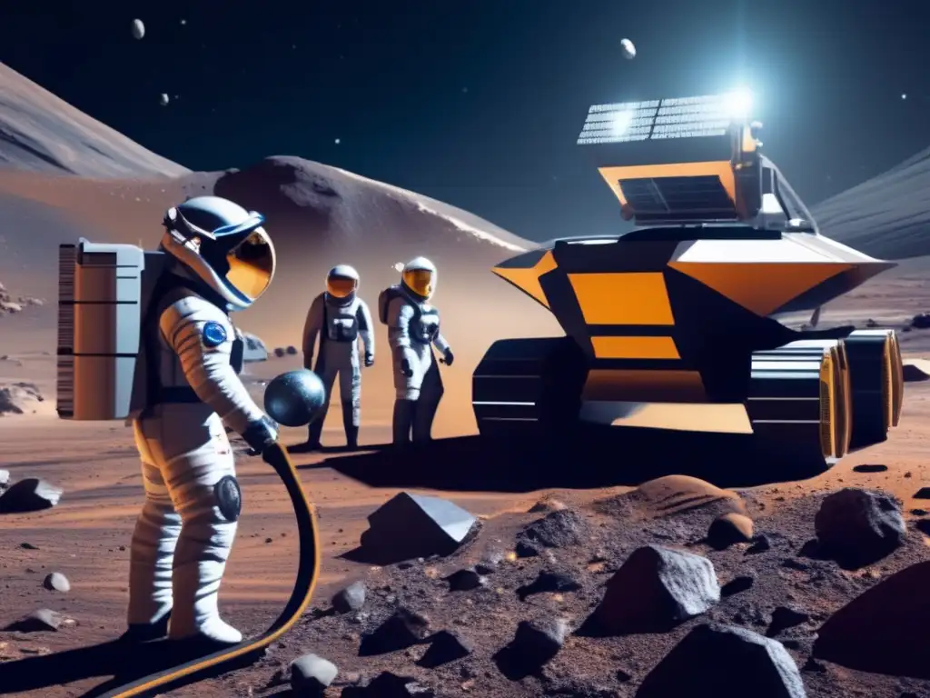 Futuro equipo minero espacial Operación de minería espacial: Equipo altamente entrenado extrae recursos en asteroide remoto