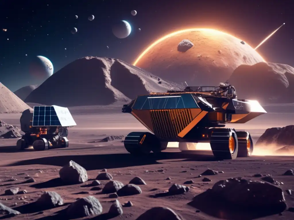 Futurista operación minera espacial en asteroide Minería espacial futurista en asteroide: Tecnología avanzada, recursos valiosos, estructuras hightech