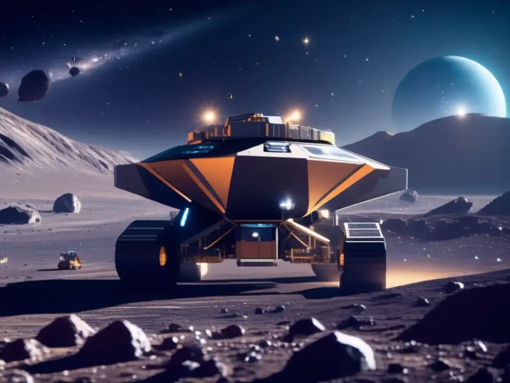 Mineria de asteroides: Operación espacial futurista en asteroide con maquinaria avanzada, regulaciones internacionales