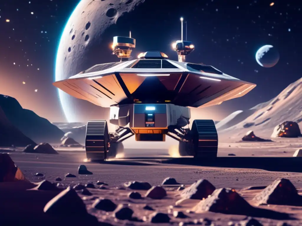 Operación de minería espacial: nave extrayendo recursos en asteroide Minería espacial: Operación futurista en asteroide con tecnología avanzada y desafíos de empresas en legislación