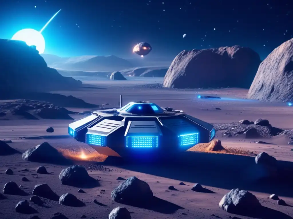 Minería de asteroides: Operación espacial futurista en un asteroide con extracción de recursos valiosos y avanzada tecnología