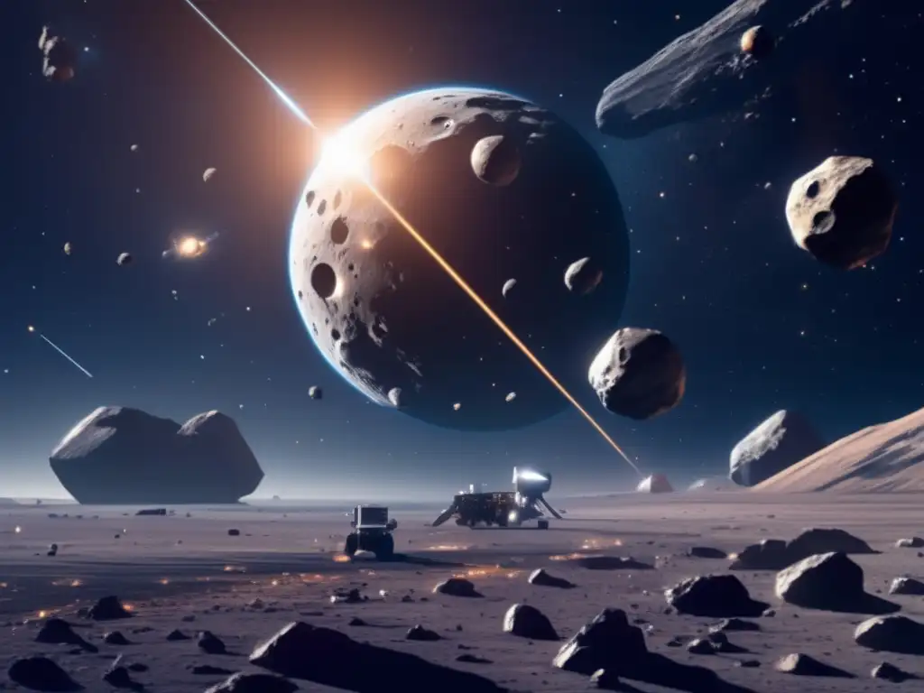 Minería espacial: Operación futurista de extracción de minerales en asteroides con avanzada tecnología en una escena detallada y cautivadora