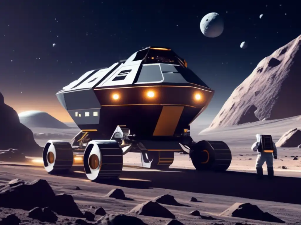 Máquina minera futurista en asteroide Minería espacial: Máquinas para asteroides en acción