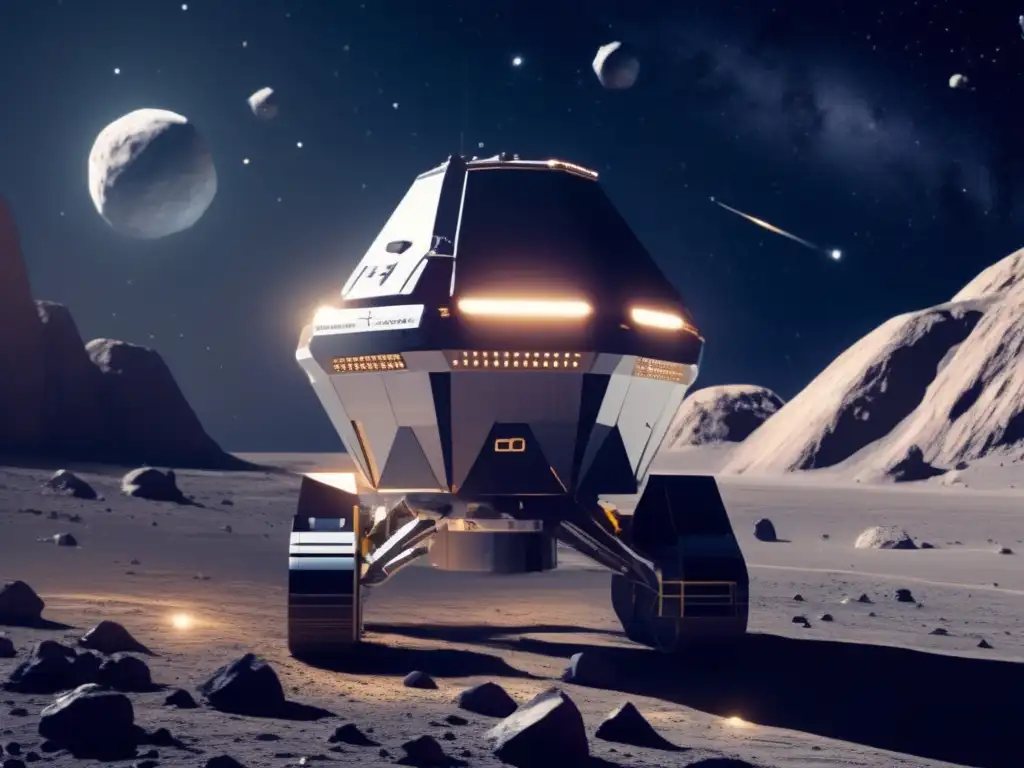 Minería espacial futurista en asteroide Minería espacial: Máquinas para asteroides extraen minerales en un escenario futurista de exploración espacial