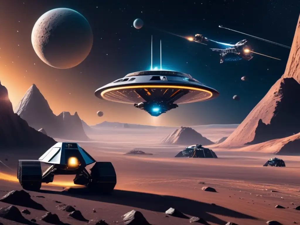 Futuro minero espacial con alta tecnología Minería espacial: Operación minera en asteroides con tecnología avanzada y recursos valiosos