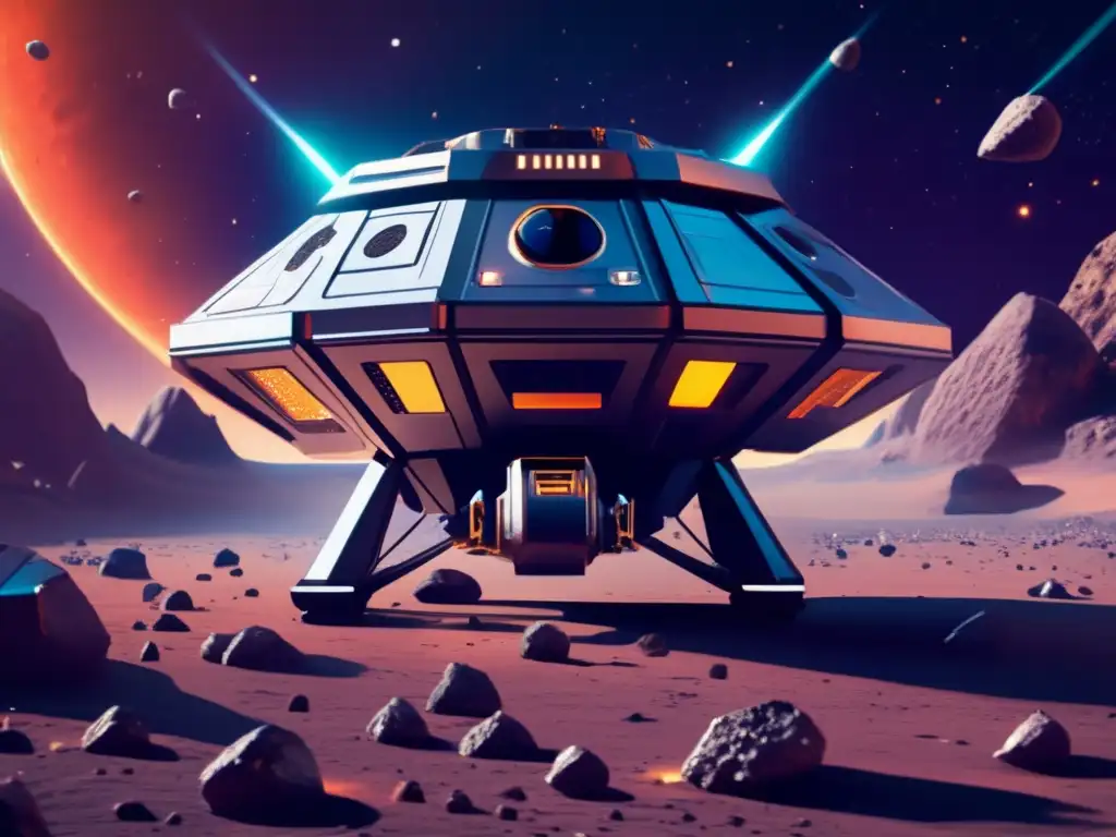 Minera espacial futurista rodeada de asteroides Minería espacial, recursos asteroides: nave minera futurista en el espacio rodeada de asteroides con texturas y colores impresionantes