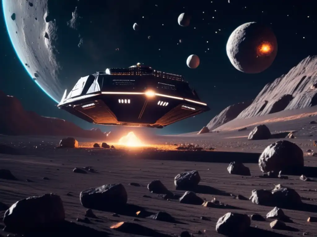 Futurista operación minera en el espacio Minería espacial, recursos asteroides: Futurista operación de minería en el espacio, con naves avanzadas y asteroides flotando en el fondo