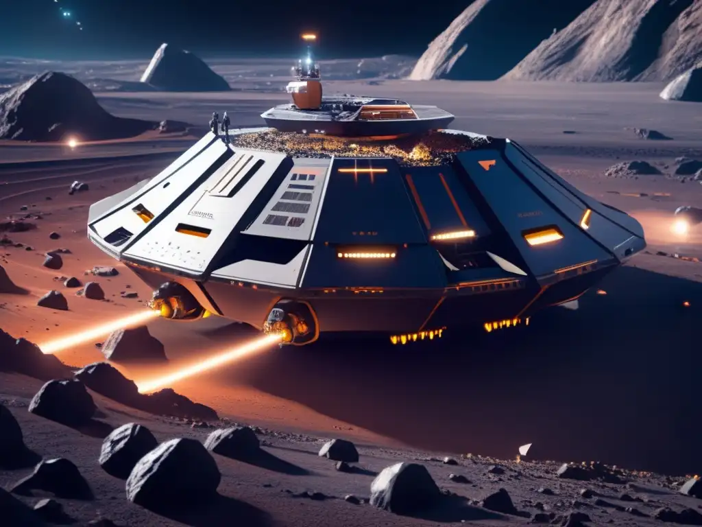 Operación minera espacial futurista en asteroide Minería espacial, recursos asteroides: nave minera avanzada en operación de extracción en asteroide futurista