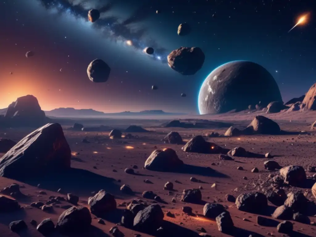 Mineria espacial en campo de asteroides Mineria espacial: Vista panorámica de un campo de asteroides en el espacio, con una nave minera avanzada lista para extraer recursos