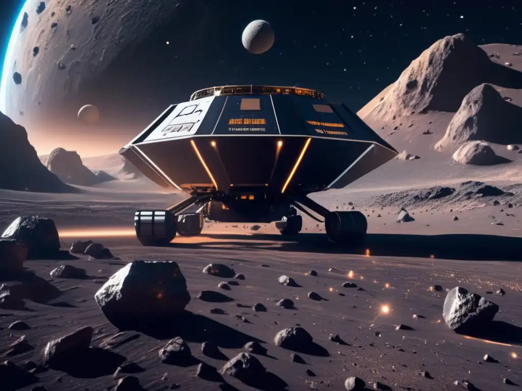 Explotación minera en asteroide futurista Minería de asteroides: Operación futurista en el espacio con legislación espacial y empresas, 8k detallada