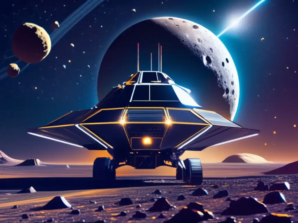 Minería de asteroides: Operación futurista de extracción de recursos en un asteroide metálico